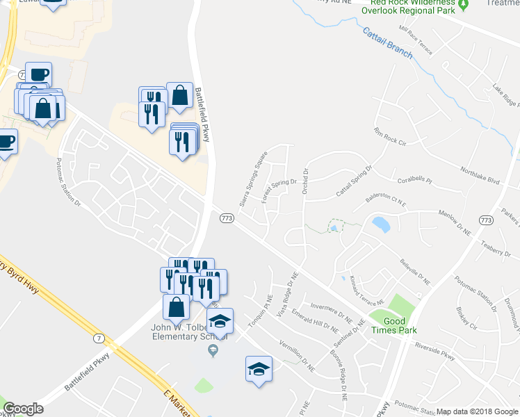 map of restaurants, bars, coffee shops, grocery stores, and more near 18524 Inula Square in Leesburg