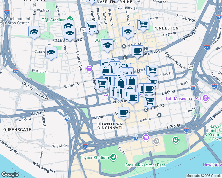 map of restaurants, bars, coffee shops, grocery stores, and more near 135 Garfield Place in Cincinnati