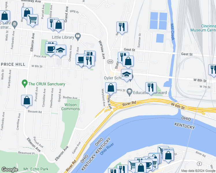 map of restaurants, bars, coffee shops, grocery stores, and more near 2352 Warsaw Avenue in Cincinnati