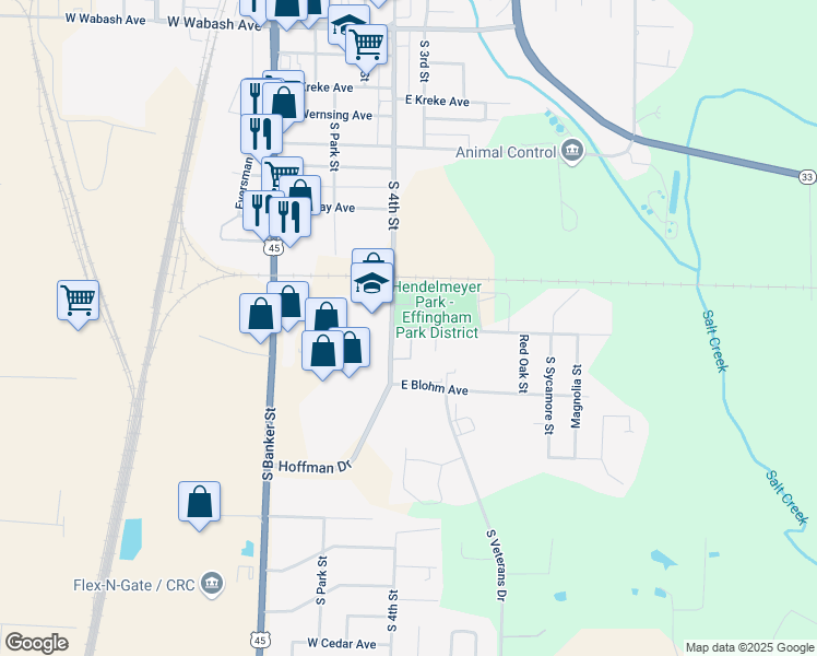 map of restaurants, bars, coffee shops, grocery stores, and more near East Hendelmeyer Avenue in Effingham