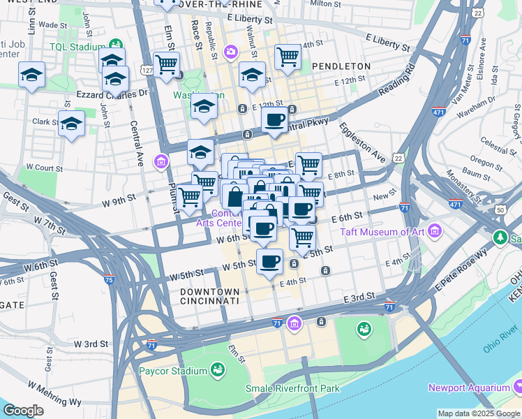 map of restaurants, bars, coffee shops, grocery stores, and more near 19 West 7th Street in Cincinnati