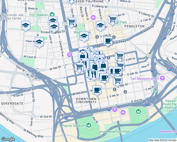 map of restaurants, bars, coffee shops, grocery stores, and more near 700 Elm Street in Cincinnati