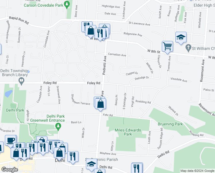 map of restaurants, bars, coffee shops, grocery stores, and more near 578 Pedretti Avenue in Cincinnati