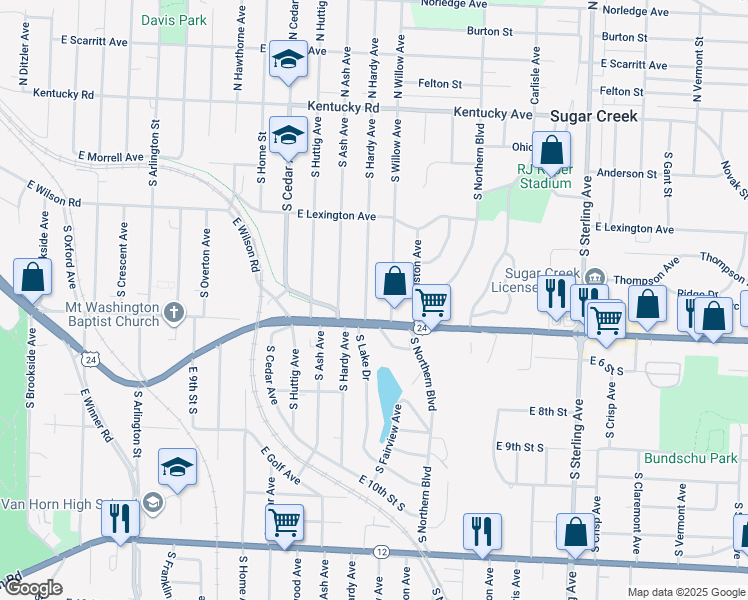 map of restaurants, bars, coffee shops, grocery stores, and more near 548 South Willow Avenue in Sugar Creek