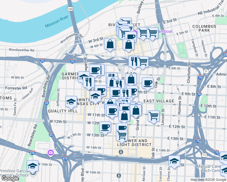 map of restaurants, bars, coffee shops, grocery stores, and more near 920 Main Street in Kansas City