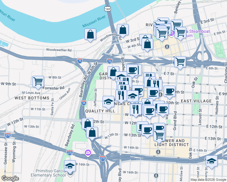 map of restaurants, bars, coffee shops, grocery stores, and more near 900 Washington Street in Kansas City