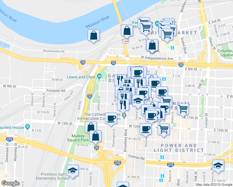 map of restaurants, bars, coffee shops, grocery stores, and more near 900 Washington Street in Kansas City