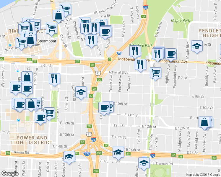 map of restaurants, bars, coffee shops, grocery stores, and more near Troost Avenue in Kansas City