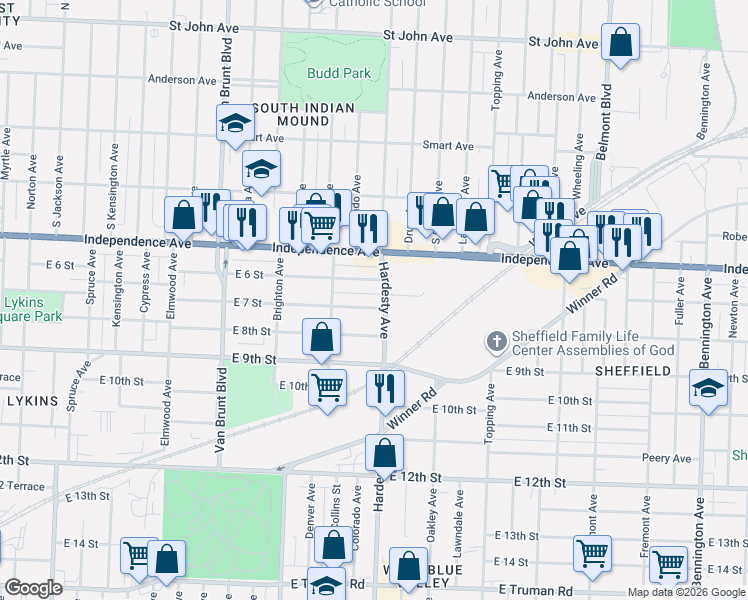 map of restaurants, bars, coffee shops, grocery stores, and more near 5238 East 7 Street in Kansas City