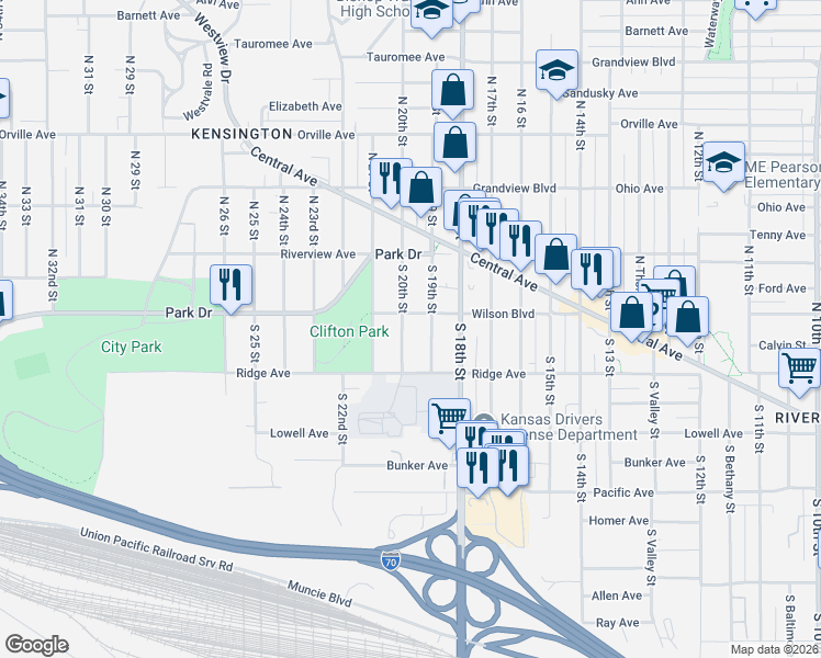 map of restaurants, bars, coffee shops, grocery stores, and more near 67 South 20th Street in Kansas City