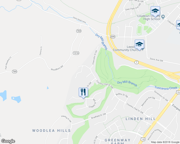 map of restaurants, bars, coffee shops, grocery stores, and more near 1001 Foster Place Southwest in Leesburg