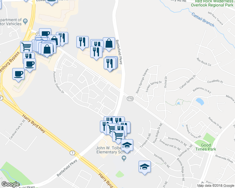 map of restaurants, bars, coffee shops, grocery stores, and more near 560 Edmonton Terrace Northeast in Leesburg