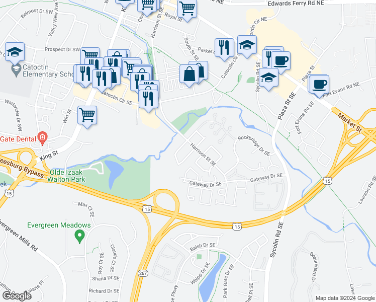 map of restaurants, bars, coffee shops, grocery stores, and more near 313 Roanoke Drive Southeast in Leesburg