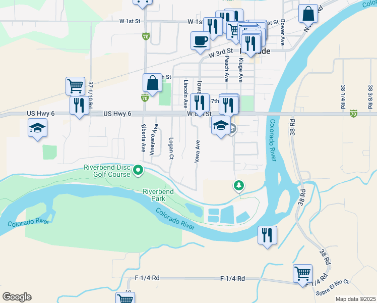 map of restaurants, bars, coffee shops, grocery stores, and more near 825 Lincoln Court in Palisade