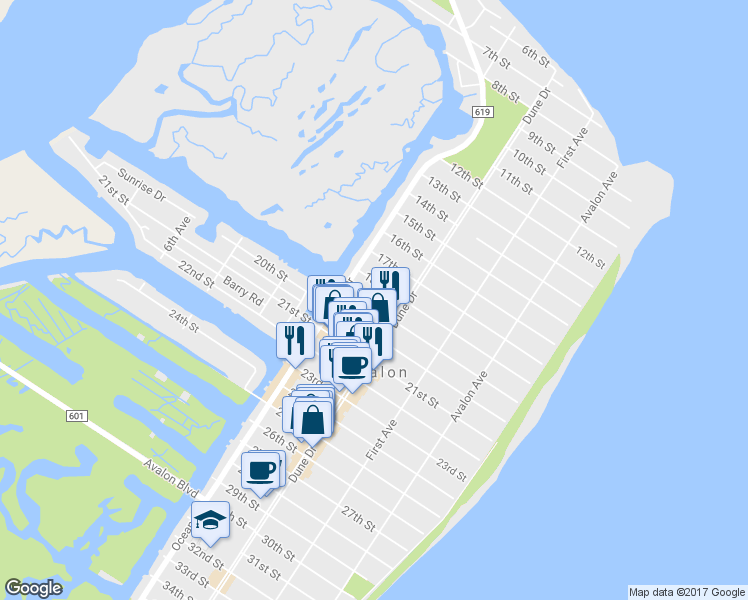 map of restaurants, bars, coffee shops, grocery stores, and more near 249 19th Street in Avalon