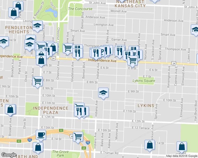 map of restaurants, bars, coffee shops, grocery stores, and more near 713 Indiana Avenue in Kansas City
