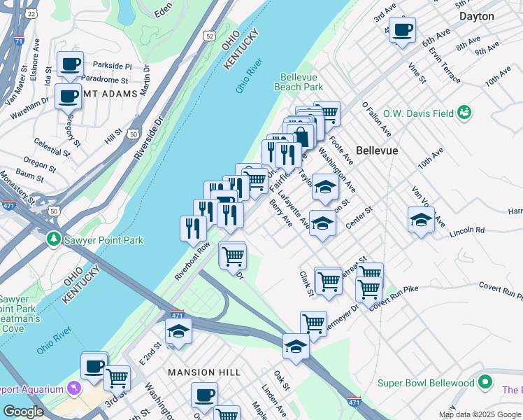 map of restaurants, bars, coffee shops, grocery stores, and more near 144 Fairfield Avenue in Bellevue