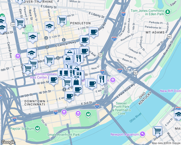 map of restaurants, bars, coffee shops, grocery stores, and more near 606 Broadway in Cincinnati