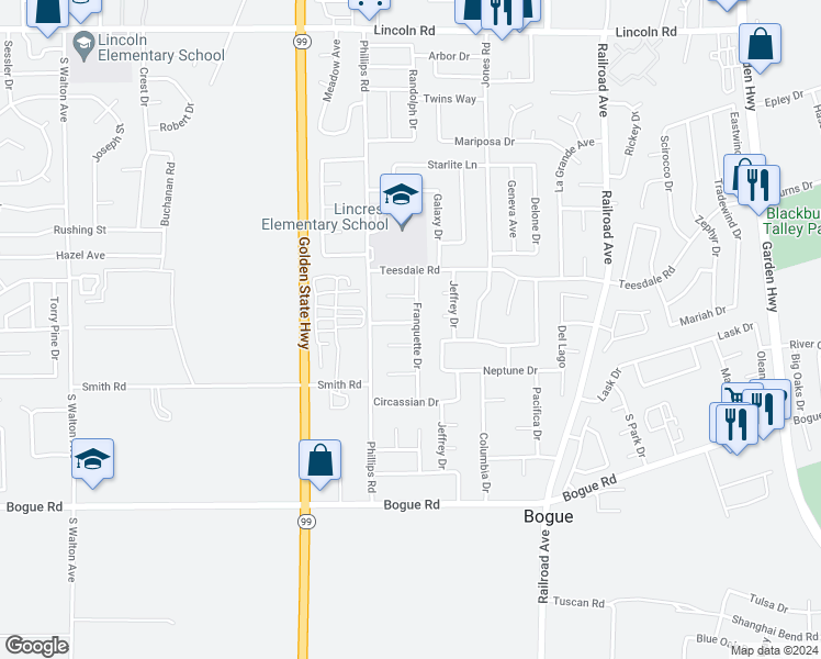 map of restaurants, bars, coffee shops, grocery stores, and more near 1142 Hartley Way in Yuba City