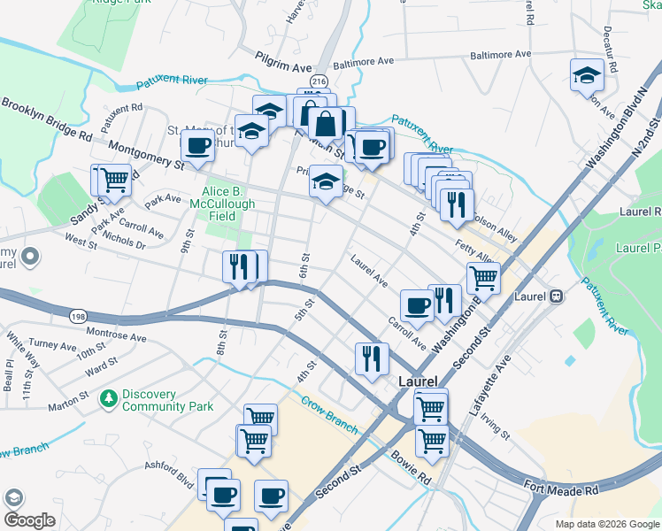 map of restaurants, bars, coffee shops, grocery stores, and more near 407 5th Street in Laurel