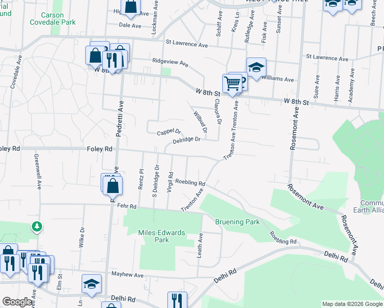 map of restaurants, bars, coffee shops, grocery stores, and more near 4292 Foley Road in Cincinnati