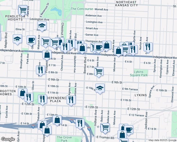 map of restaurants, bars, coffee shops, grocery stores, and more near 711 Benton Boulevard in Kansas City
