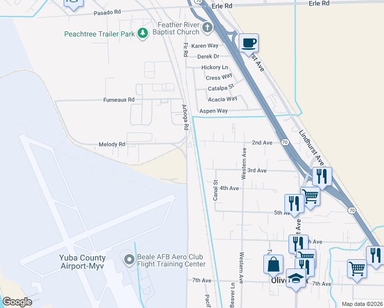 map of restaurants, bars, coffee shops, grocery stores, and more near 5139 Arboga Road in Olivehurst