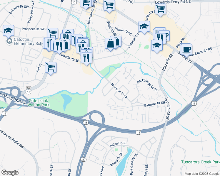 map of restaurants, bars, coffee shops, grocery stores, and more near 311 Roanoke Drive Southeast in Leesburg