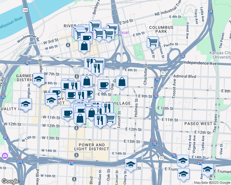 map of restaurants, bars, coffee shops, grocery stores, and more near 400 East 9th Street in Kansas City