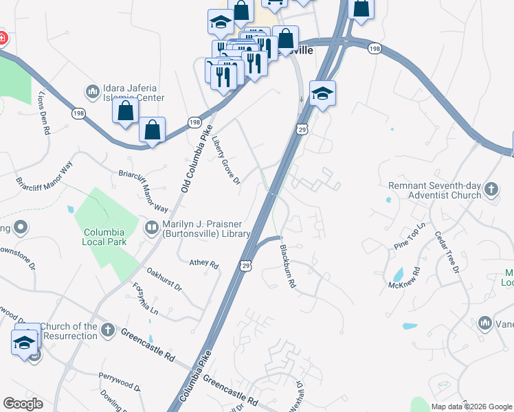 map of restaurants, bars, coffee shops, grocery stores, and more near 14 Blackburn Court in Burtonsville