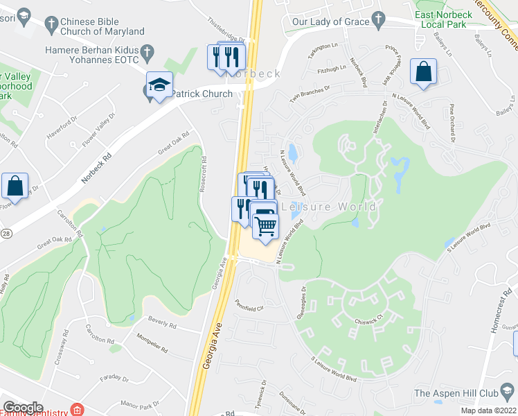 map of restaurants, bars, coffee shops, grocery stores, and more near 3870 International Drive in Silver Spring