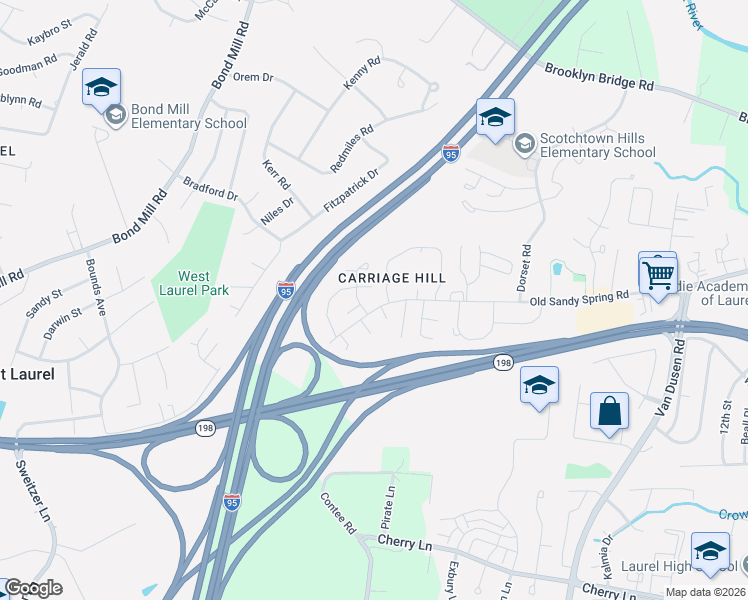 map of restaurants, bars, coffee shops, grocery stores, and more near 15513 Plaid Dr in Laurel