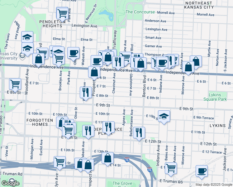 map of restaurants, bars, coffee shops, grocery stores, and more near 2806 East 8th Street in Kansas City