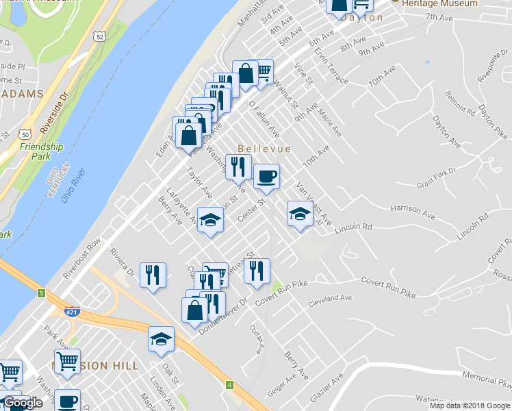 map of restaurants, bars, coffee shops, grocery stores, and more near Washington Avenue & Center Street in Bellevue