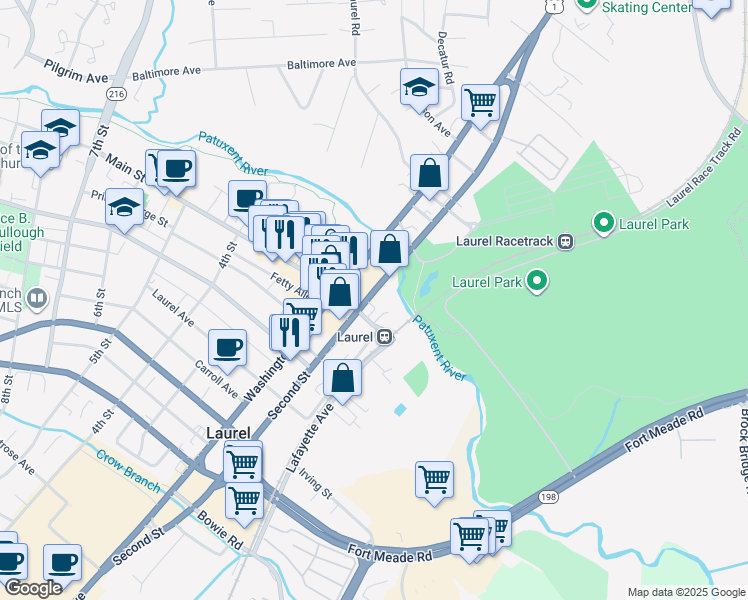 map of restaurants, bars, coffee shops, grocery stores, and more near 2 Second Street in Laurel