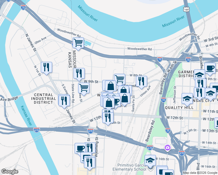 map of restaurants, bars, coffee shops, grocery stores, and more near 1410 St Louis Ave in Kansas City