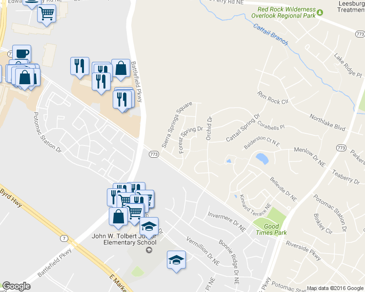 map of restaurants, bars, coffee shops, grocery stores, and more near 42742 Big Spruce Square in Leesburg