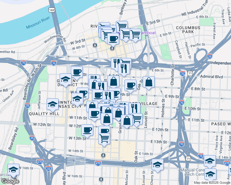 map of restaurants, bars, coffee shops, grocery stores, and more near 823 Walnut Street in Kansas City