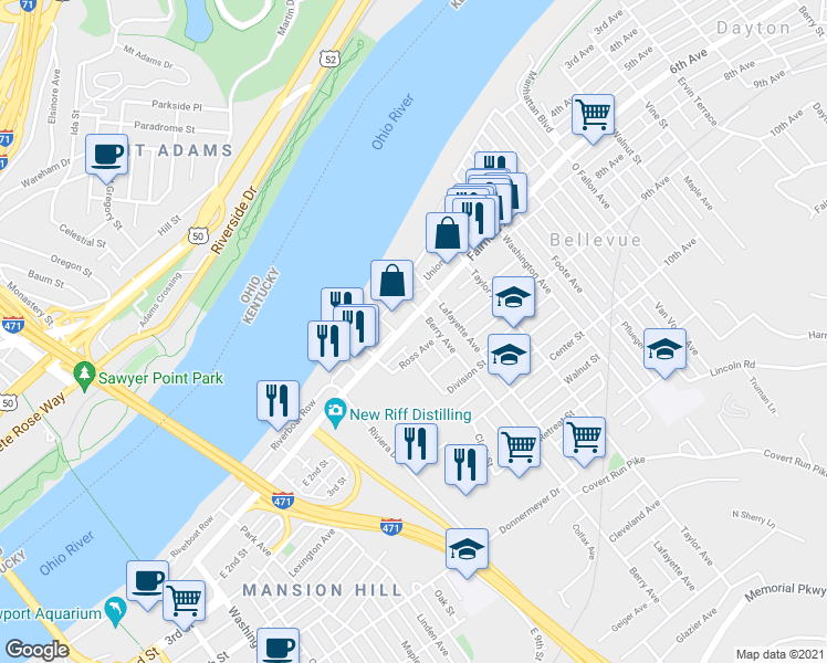 map of restaurants, bars, coffee shops, grocery stores, and more near 144 Fairfield Avenue in Bellevue