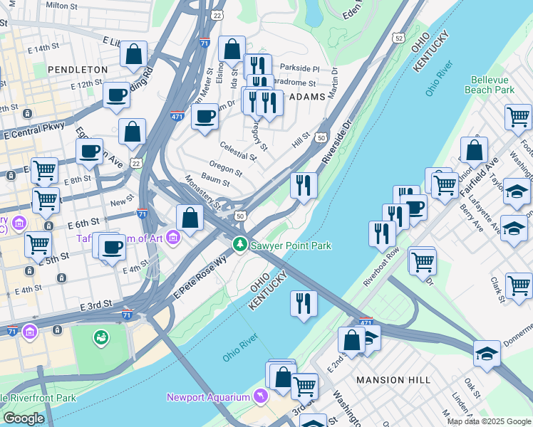 map of restaurants, bars, coffee shops, grocery stores, and more near in Cincinnati