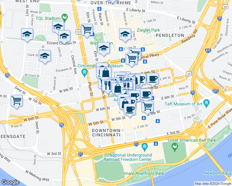 map of restaurants, bars, coffee shops, grocery stores, and more near 15 West 7th Street in Cincinnati