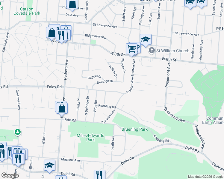 map of restaurants, bars, coffee shops, grocery stores, and more near 4292 Foley Road in Cincinnati
