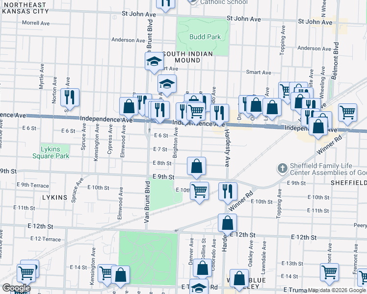 map of restaurants, bars, coffee shops, grocery stores, and more near 5018 East 7 Street in Kansas City