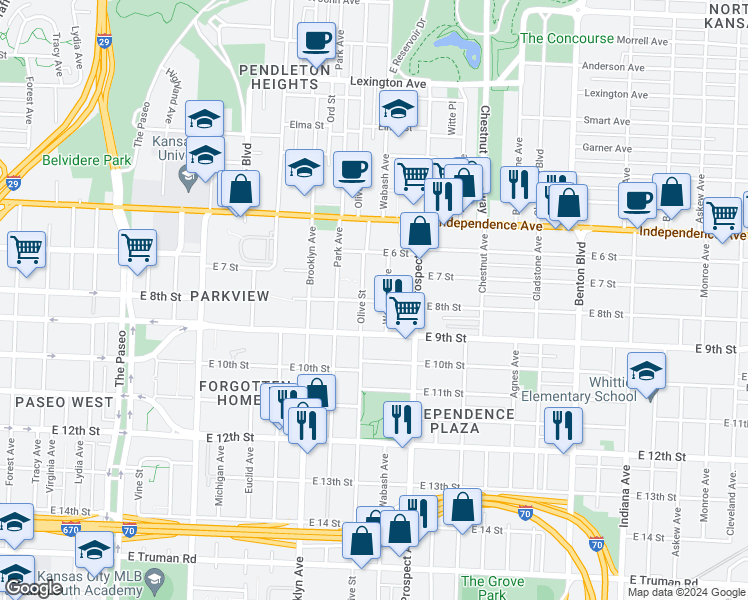 map of restaurants, bars, coffee shops, grocery stores, and more near 800 Wabash Avenue in Kansas City