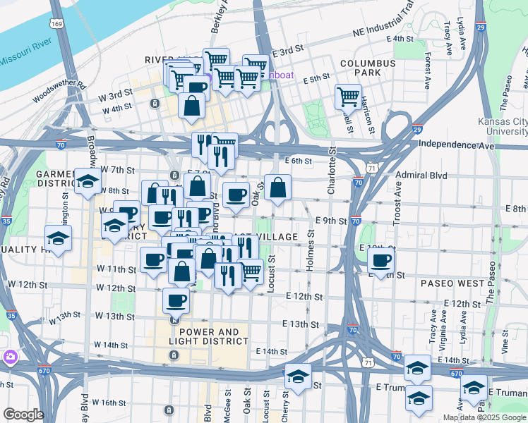 map of restaurants, bars, coffee shops, grocery stores, and more near 400 East 9th Street in Kansas City