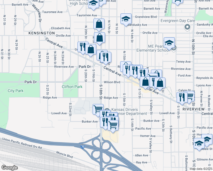 map of restaurants, bars, coffee shops, grocery stores, and more near 56 South 17th Street in Kansas City