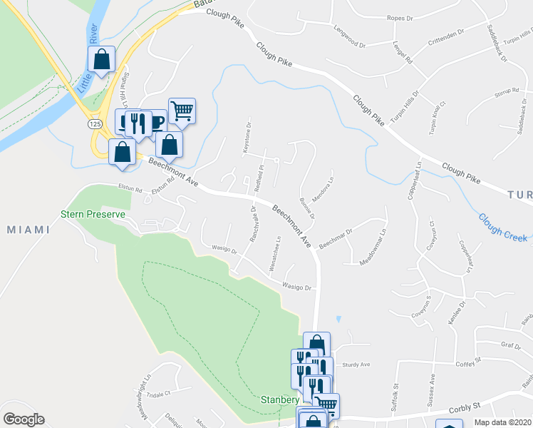 map of restaurants, bars, coffee shops, grocery stores, and more near 5491 Beechmont Avenue in Cincinnati