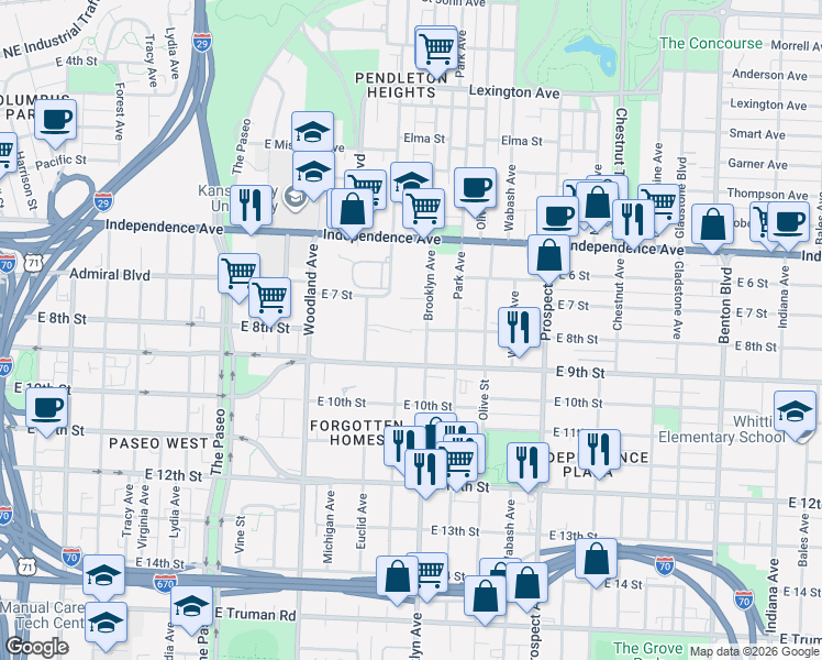 map of restaurants, bars, coffee shops, grocery stores, and more near 1914 East 8th Street in Kansas City