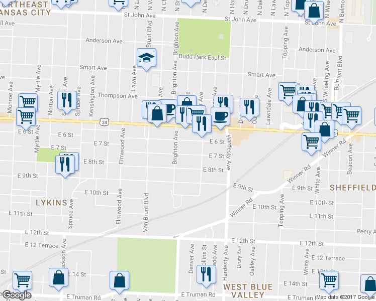 map of restaurants, bars, coffee shops, grocery stores, and more near 5018 East 7 Street in Kansas City