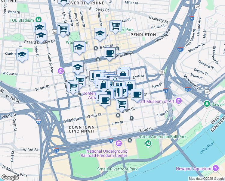 map of restaurants, bars, coffee shops, grocery stores, and more near 35 East 7th Street in Cincinnati